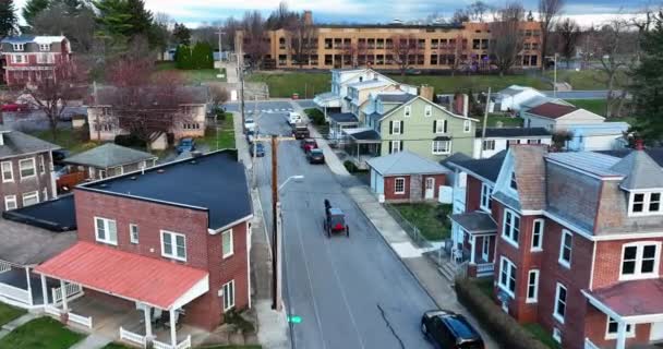 Amische Pferde Und Buggywagen Der Kleinstadt Ephrata Pennsylvania Häuser Und — Stockvideo