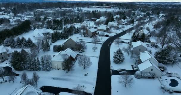American Suburbs Winter Snow Aerial Reveal Tilt Sunset Evergreen Trees — Stock Video