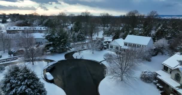 American Suburbia Fresh Winter Snowfall Aerial Snowy Scene Residential Neighborhood — Video