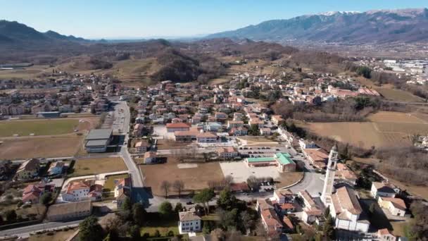 Aerial Panoramic View Onigo Village Its Tower Bell Hills Italy — Stock videók