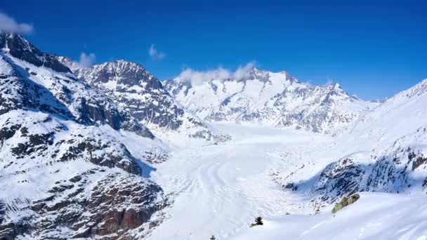 Timelapse Snow Covered Aletsch Glacier Winter Swiss Alps Switzerland — стоковое видео