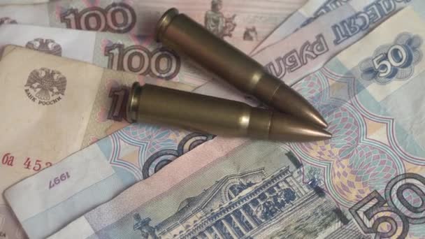 39Mm Machine Gun Bullets Russian Rubles Banknotes War Business Concept — Stockvideo