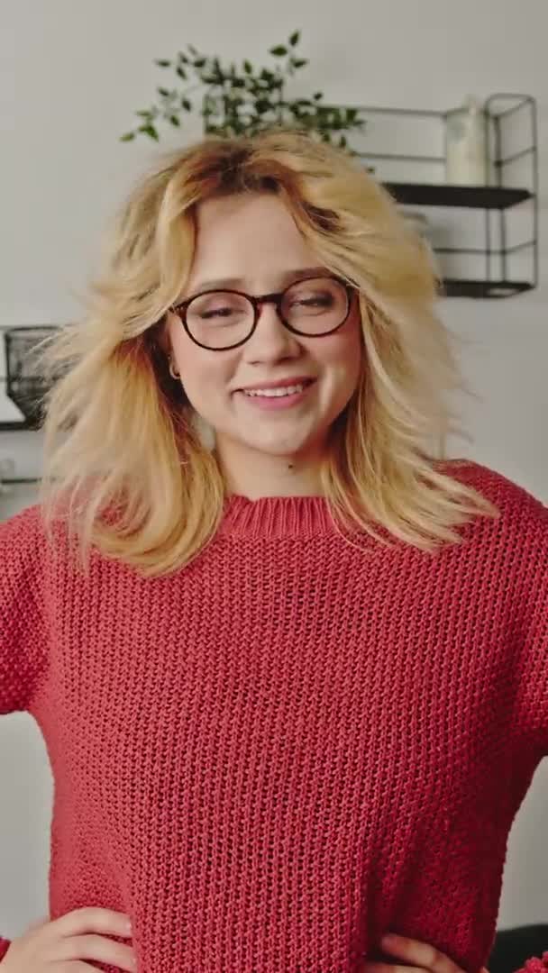 Vertical Shot Intellectual Blonde Girl Glasses Smart Woman Spectacles Laughs — Video