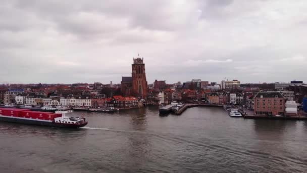 Aerial Circle Dolly View Cargo Vessel Going Oude Maas Our — Stock Video