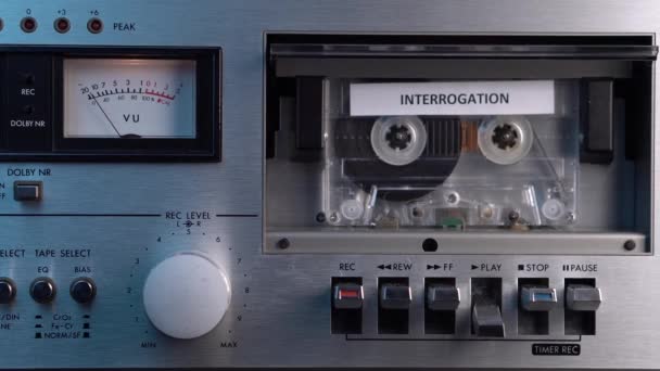Interrogation Audio Cassette Tape Recording Rolling Vintage Deck Player Meters — Stock Video