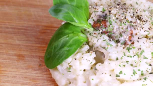 Close View Beautiful Homemade Risotto Rotating Wood Surface Macro Shot — Vídeos de Stock