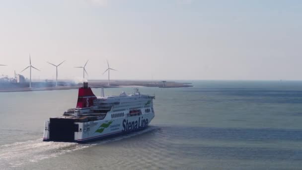 Ferryboat Departs Rotterdam Seaport Wind Turbines Background Aerial — стокове відео