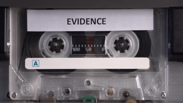 Cassette Tape Evidence Audio Recording Rolling Vintage Deck Player Close — Vídeo de stock