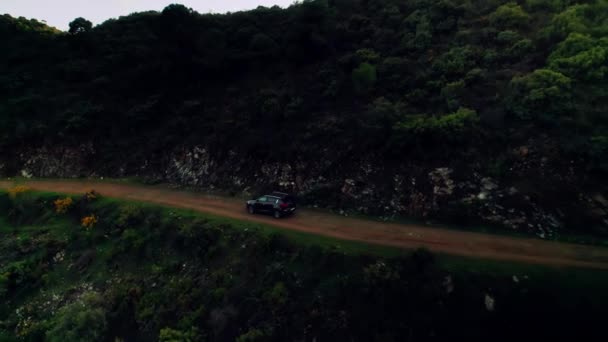 Coche Conduciendo Largo Carretera Forestal Aéreo Moviéndose Hacia Los Lados — Vídeo de stock