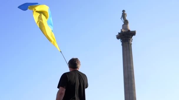 London Stands Ukraine Protester Waving Ukrainian Flag Trafalgar Square London — Vídeos de Stock