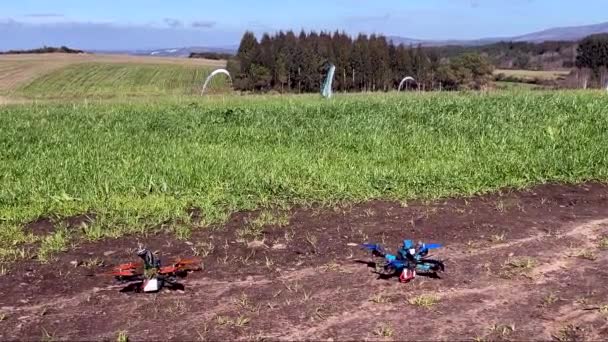 Static View Two Drones Taking Ground Fpv Drone Race Wide — стоковое видео