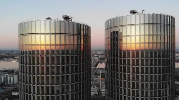 Aerial View Rooftops Twin Glass Skyscrapers Sunset Reflection Riga Latvia — Vídeos de Stock