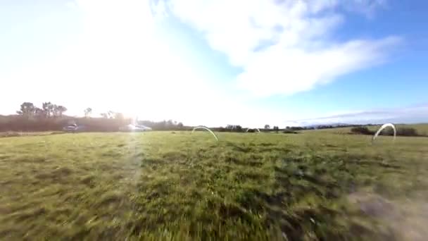 Drone Flying Arch Gates Field Drone Racing Event Aerial Fpv — Wideo stockowe