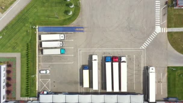 Aerial View Goods Distribution Warehouse Semi Trucks Loading Cargo Containers — Stock Video