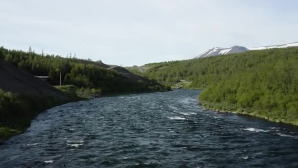Aerial Fnjoska River Vaglaskogur Forest Fnjoskadalur Iceland Forward — ストック動画
