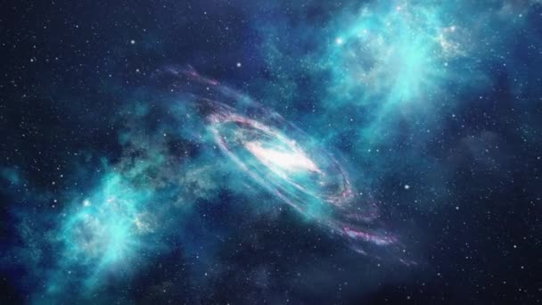 在宇宙中蓝色星云的背景下漂浮的螺旋星系 — 图库视频影像