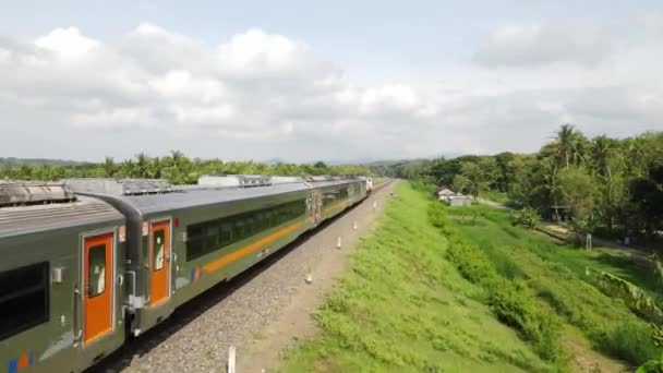 Aerial View Indonesian Trains Pass Beautiful Beautiful Countryside — Video