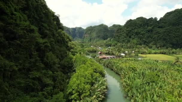 晴れた日に石灰岩の山々と緑のジャングルに囲まれた緑の川の空中 ラマング ラマング スラウェシ島に位置し マングローブやジャングルで有名です — ストック動画