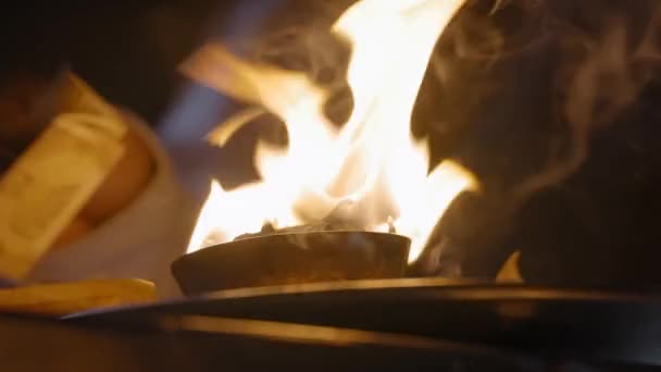 Close Fire Burning Hands Holding Money Offering Background Ganga Aarti — Stock video