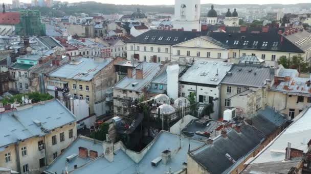 Aerial Drone Rooftop Bubble Restaurant Lviv Ukraine Surrounded Old European — стоковое видео