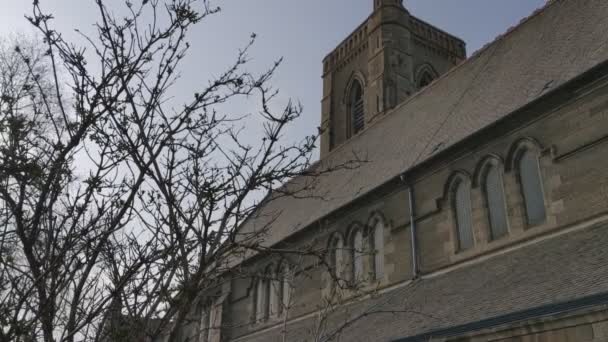 Vertical Panning Curch Scotland Tree Front — стоковое видео