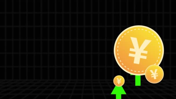 Japansese Yen Coin Upward Green Arrows Black Background Animation — стоковое видео