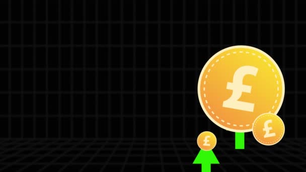 British Pound Sterling Coin Upward Green Arrows Black Background Animation — ストック動画
