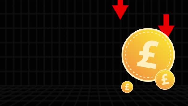 British Pound Sterling Coin Descending Red Arrows Black Background Money — Stockvideo