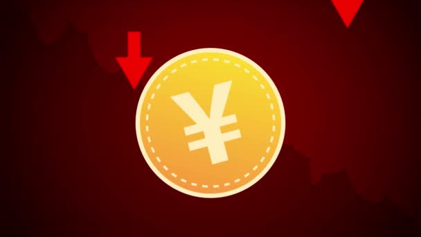 日本货币的概念 红色箭头落在熊市的后面 Yen 2D动画 — 图库视频影像