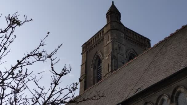 Iglesia Escocia Con Pajarito Moviéndose Árbol — Vídeo de stock