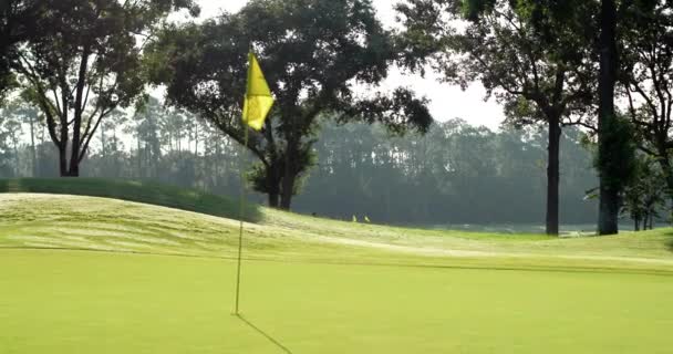 Založení Záběru Golfově Zelené Vlajky Vlající Jemném Vánku Výstřel Zpomaleně — Stock video