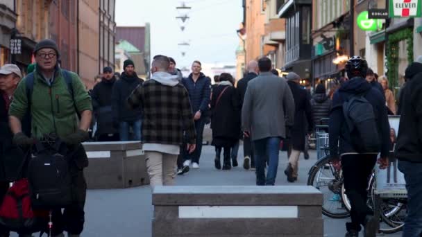 Sonbaharda Stockholm Yaya Caddesinde Insanların Durgun Temposu — Stok video