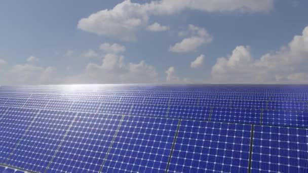 Aerial View Solar Panel Rows Sunny Day Cloudy Sky Render — Stock video