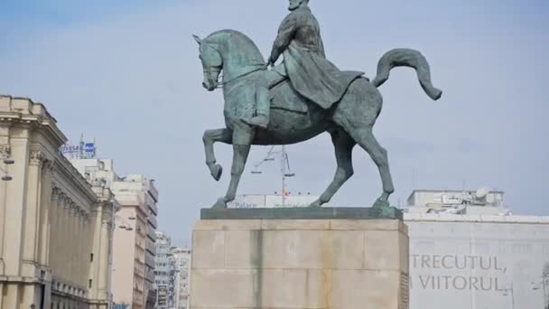 Equestrian Statue Carol Bucharest City Center Victoriei Street Sunny Spring — Stock Video