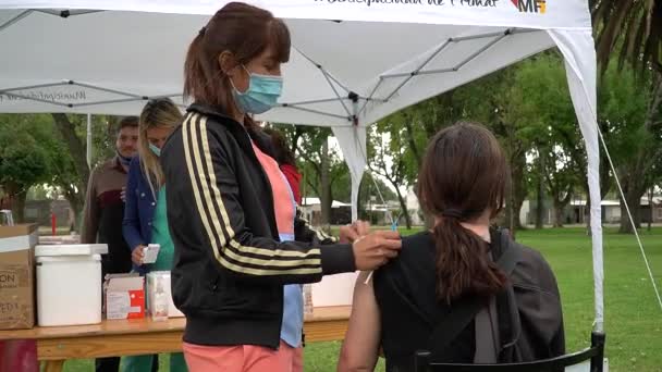 Uma Mulher Recebe Reforço Vacina Pfizer Covid Braço — Vídeo de Stock