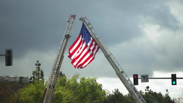 American Flag Blows Wind Dark Clouds Roll Usa — стокове відео