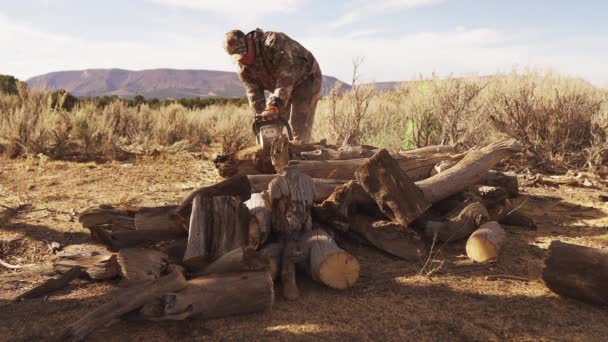 Late Afternoon Golden Hour Man Camp Gear Approaches Pile Firewood — Vídeos de Stock