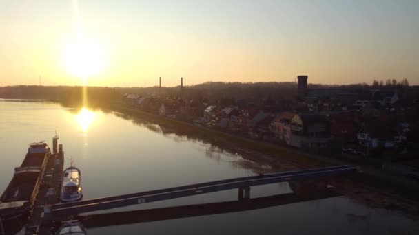 Bright Sunset Coastal River Town Pier Aerial Drone View — Vídeos de Stock