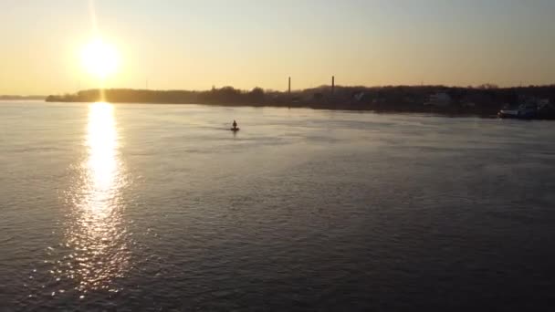 Silhouette Buoy Small Town Golden Sunset Aerial Drone View — ストック動画