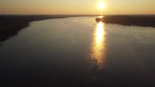 Golden Sunset Reflects Vast River Scheldt Belgium Aerial Drone View — Stockvideo