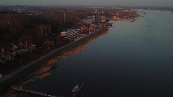 Coastal Town Pier River Scheldt Aerial Drone View — Stock video