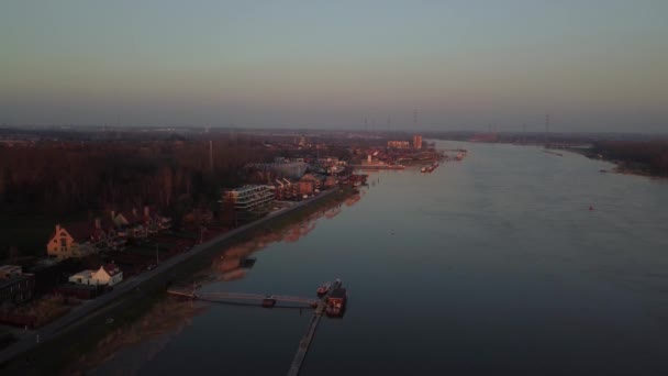 Small Coastal Town River Scheldt Sunset Dusk Aerial View — Stock video