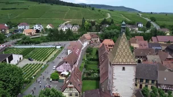 Stationary Aerial Footage Main Road Village Cyclists Passes Road Vegetation — Stock videók