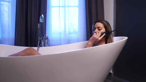 Young Sexy Woman Bathtub Talking Wireless Home Phone Lavish Lifestyle — Wideo stockowe