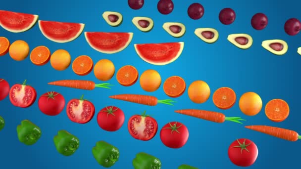 Beautiful Animated Fresh Whole Cut Fruits Vegetables Blue Background Rows — стоковое видео