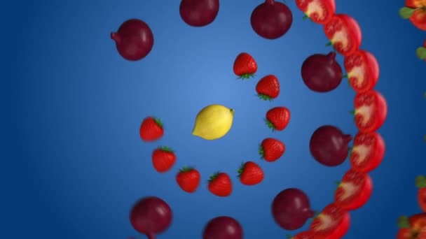 Beautiful Animated Fresh Fruits Vegetables Circle Blue Background — Stockvideo