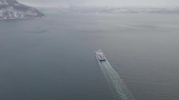 Aerial View Ferry Sailing Northern Norway Natural Seascape Winter Cloudy — стокове відео