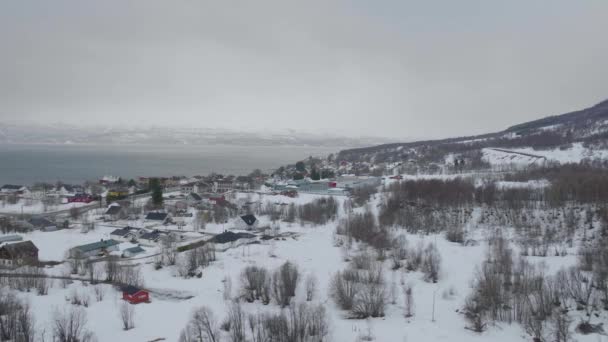 Aerial View Olderdalen Village Kfjord Norway Cloudy Winter Day — Video