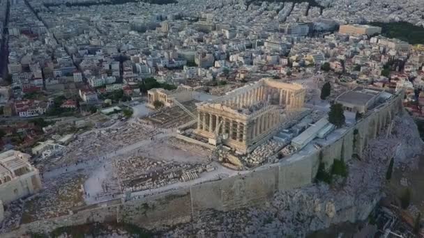 Akropolis Parthenon Temple Cinematic Aerial Över Aten Grekland — Stockvideo