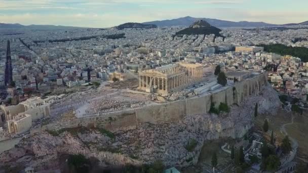 Acrópolis Templo Partenón Filmación Aérea Sobre Ciudad Atenas Grecia — Vídeos de Stock